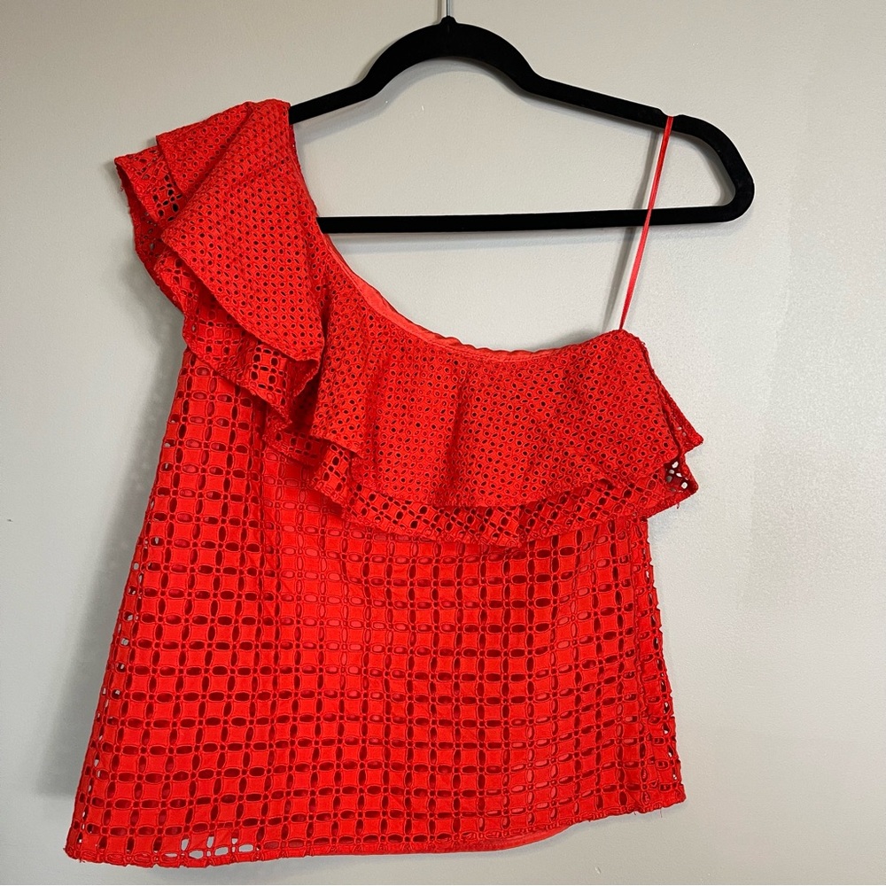 JCrew Red One-Shoulder Ruffle Blouse Size 4 Eyelet Lace Summer Party